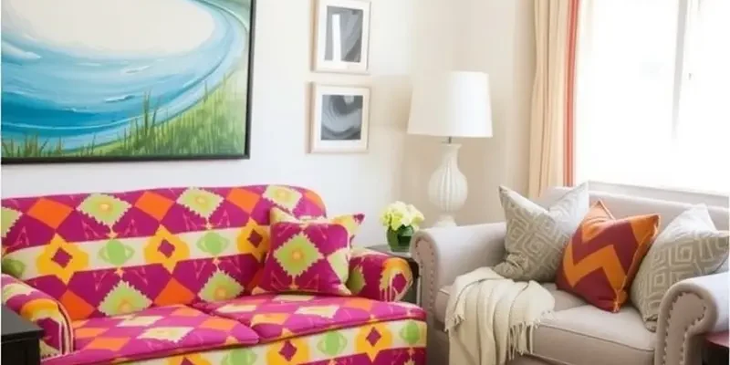 A rental living room displaying creative and stylish DIY furniture protectors such as slipcovers and decals.
