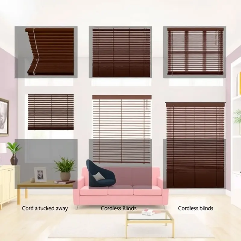 A variety of safe window blinds in a modern apartment setting.