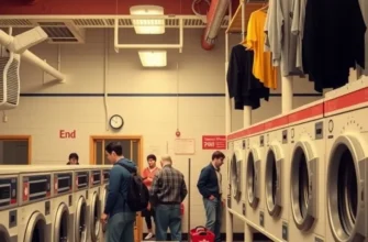 An organized apartment laundry space with baskets and detergent next to a washer-dryer