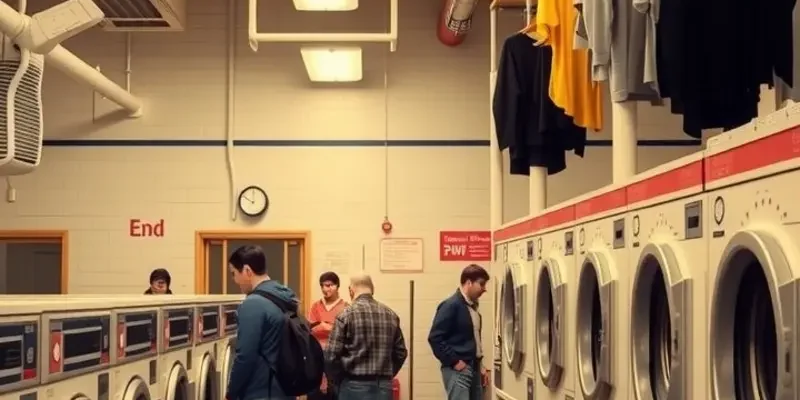 An organized apartment laundry space with baskets and detergent next to a washer-dryer