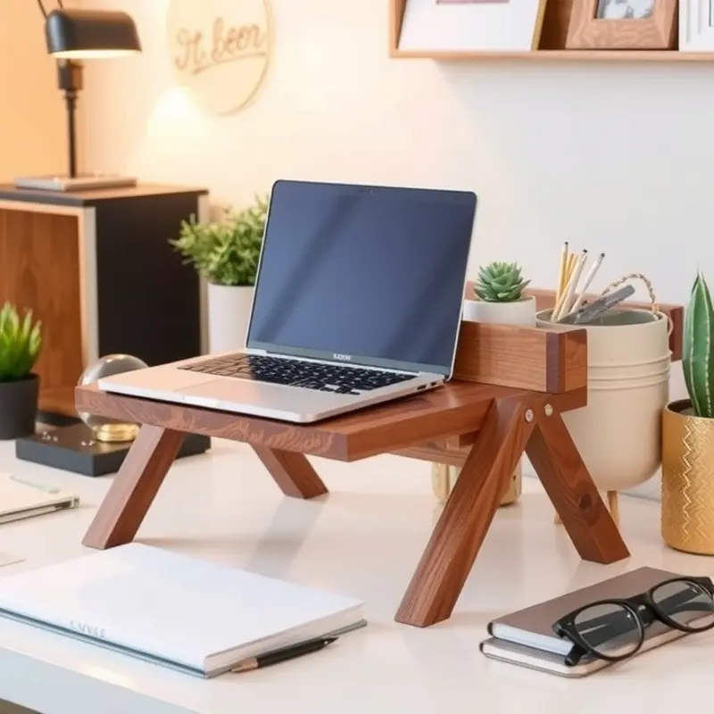 An upcycled wooden laptop stand adding a touch of elegance to a workspace.