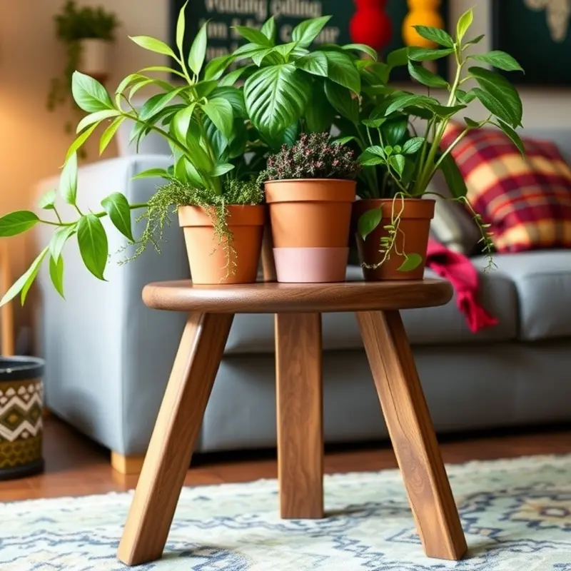 An upcycled wooden stool serves as a unique plant stand in a stylish apartment setting.