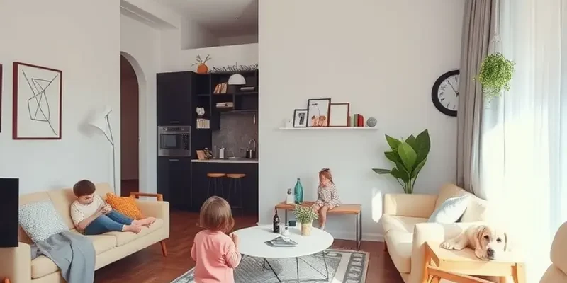 Inviting apartment atmosphere with families enjoying together amidst diverse kids' furniture.