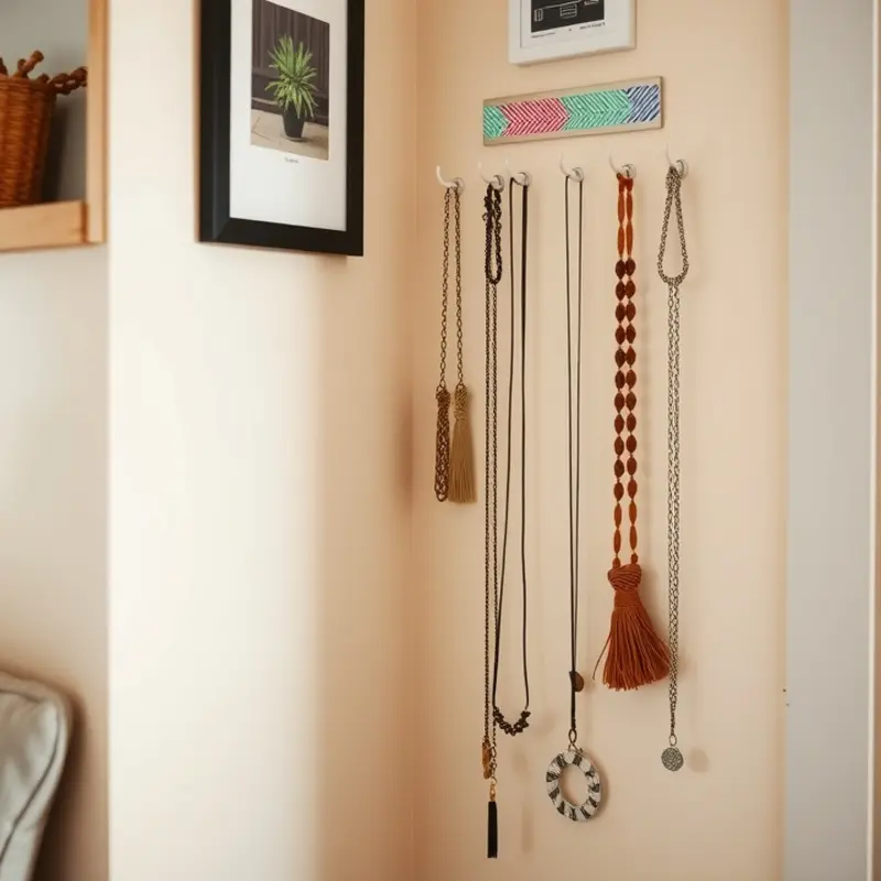 DIY wall-mounted jewelry display effortlessly adds style and function to your rental.
