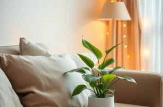 A bright apartment with warm lighting, plants, and cozy seating areas projecting a feeling of relaxation.