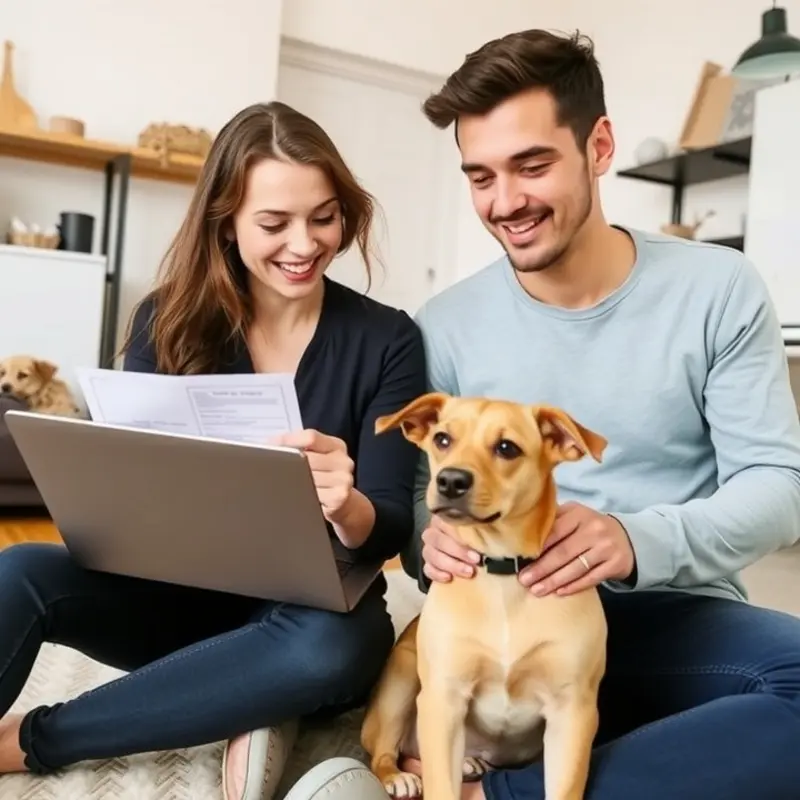 A couple researching pet rent considerations while planning to rent their first apartment.