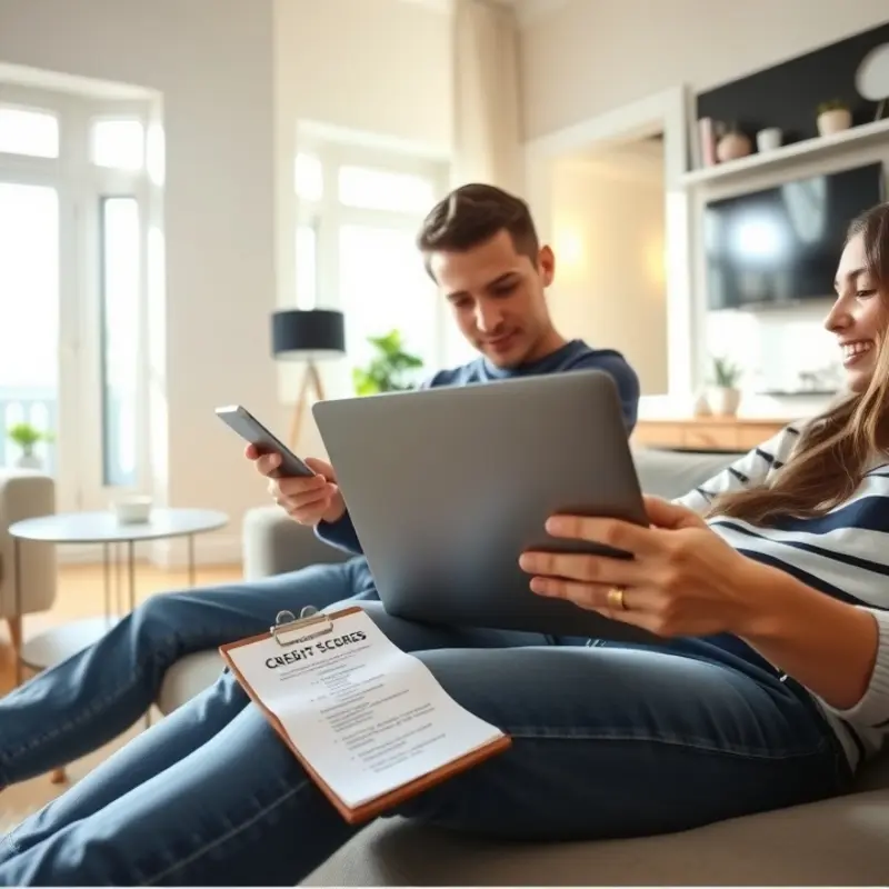 A young couple assessing their credit scores to ensure they’re ready for renting.