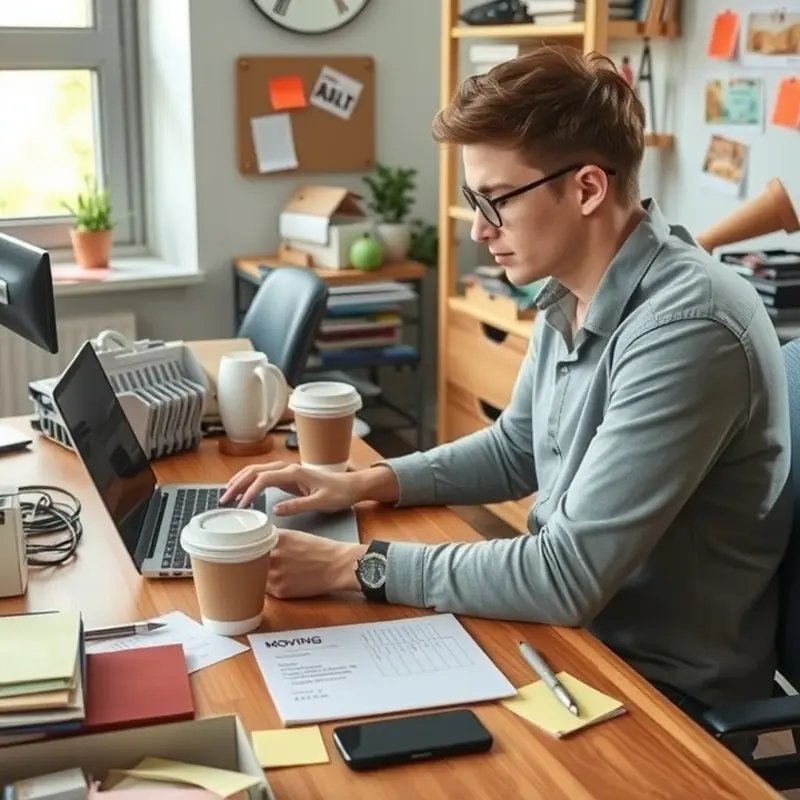 A young professional drafting a moving quote email amid an organized chaos.