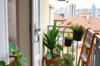 A beautiful apartment balcony during sunset, featuring secure seating and greenery.
