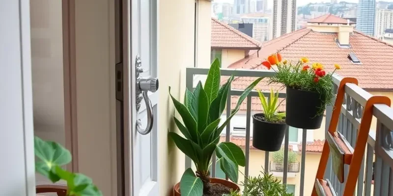 A beautiful apartment balcony during sunset, featuring secure seating and greenery.