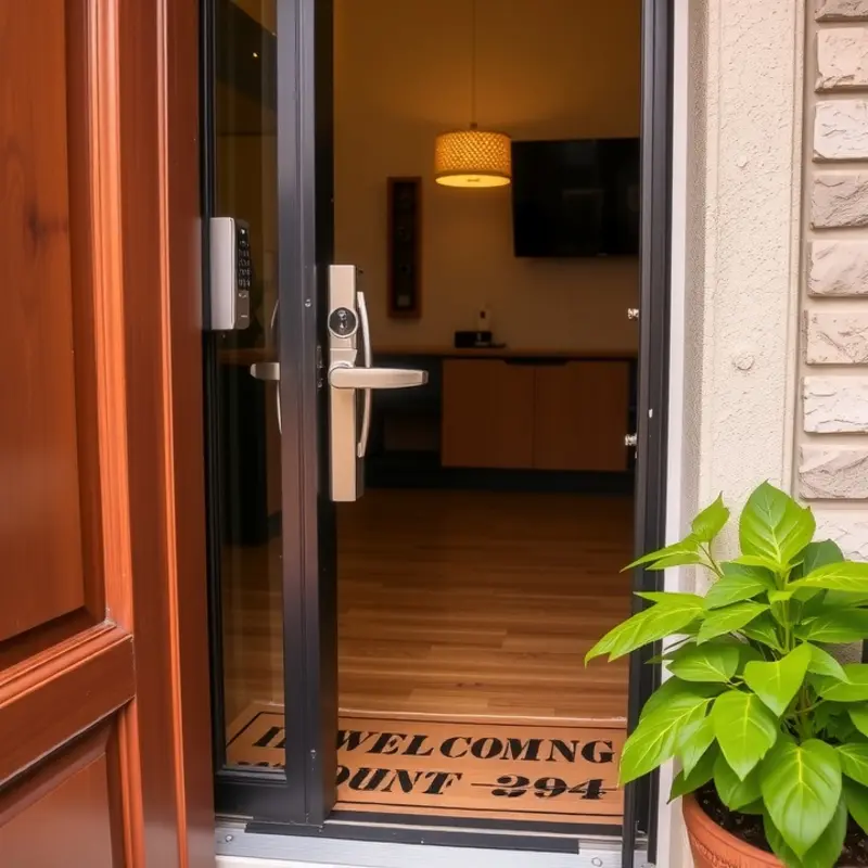 An inviting apartment entrance showcasing security measures.