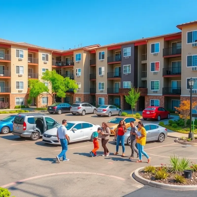 A couple exploring neighborhoods while searching for apartments with parking options.