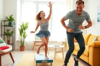A bustling apartment workout scene filled with yoga mats and fun exercise items, depicting an active couple enjoying their fitness routine.