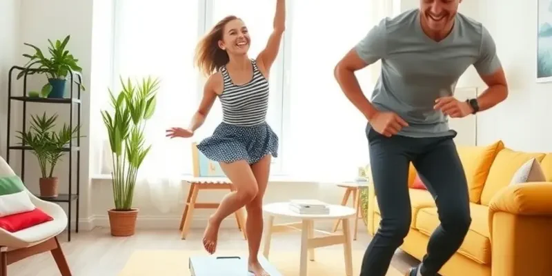 A bustling apartment workout scene filled with yoga mats and fun exercise items, depicting an active couple enjoying their fitness routine.