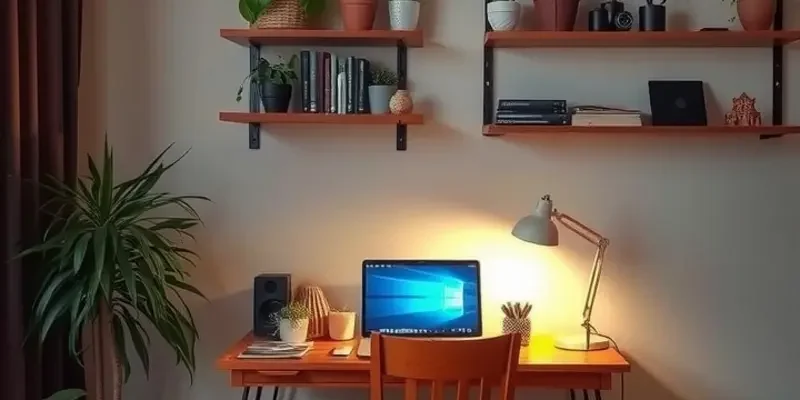 A colorful and well-lit desk area in an apartment with plants and personal décor.