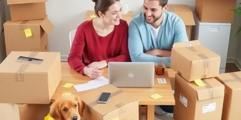 City skyline with families moving into new apartments during a sunset.