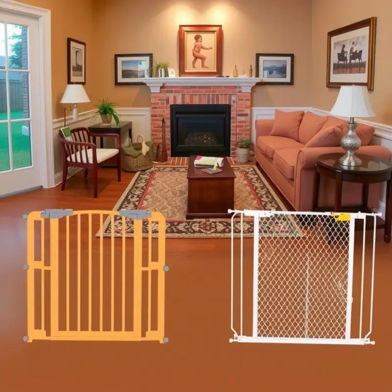 An assortment of child safety gates in a cozy living room setting, demonstrating their practical designs.