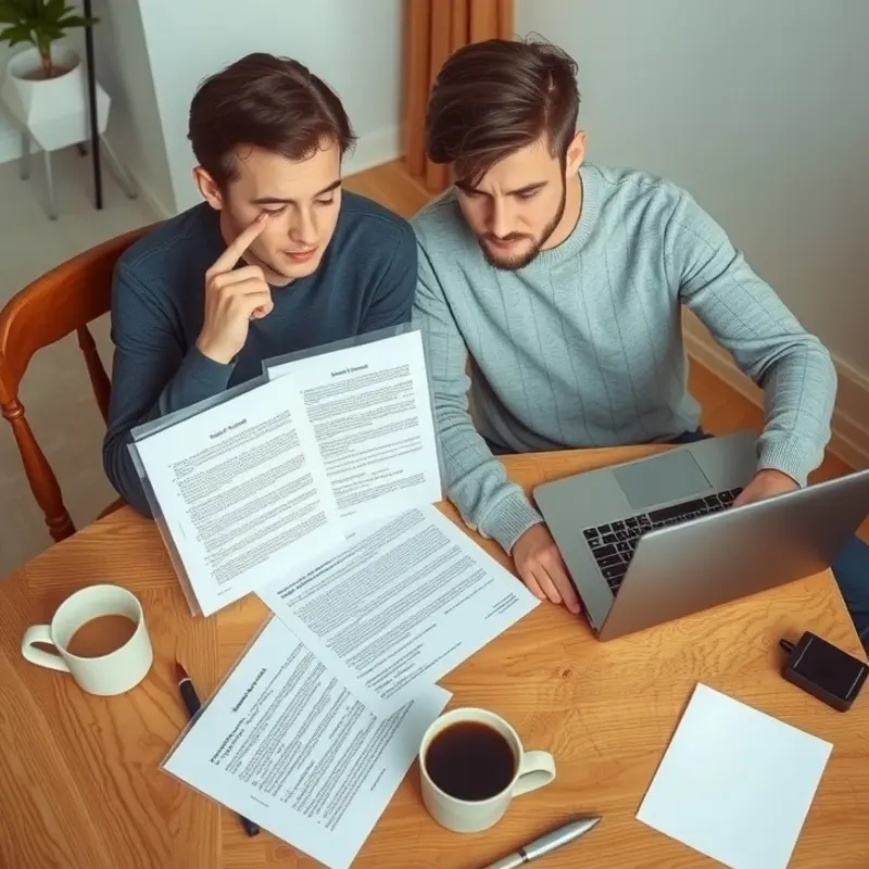 A couple examining their rental agreement for hidden fees.