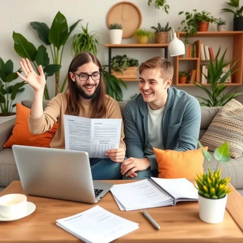A couple enthusiastically preparing their rental application.