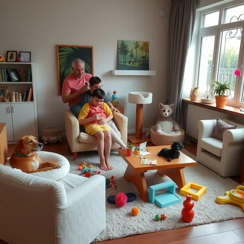 A warm and inviting apartment living space designed for both pets and children.