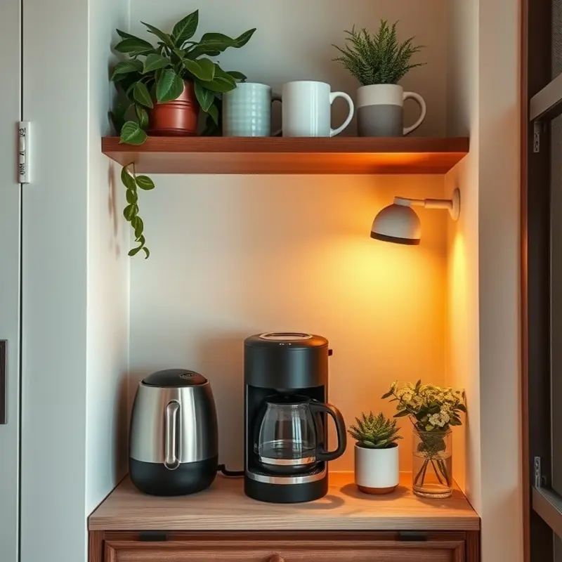 A charming coffee nook that transforms any small apartment space into a coffee lover’s haven.