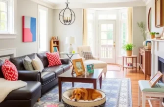 A cozy apartment designed with pet-friendly and child-safe decor, showcasing a family and their pet enjoying quality time together.