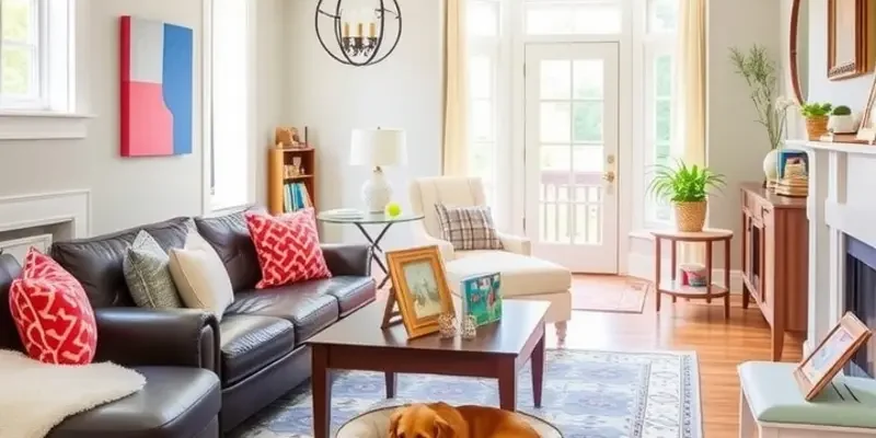 A cozy apartment designed with pet-friendly and child-safe decor, showcasing a family and their pet enjoying quality time together.