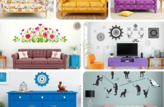 A stylish living room adorned with removable furniture decals in vibrant colors and patterns