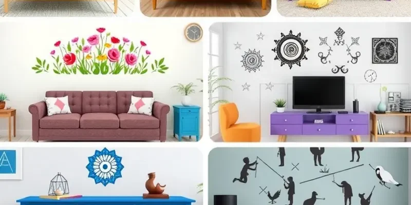 A stylish living room adorned with removable furniture decals in vibrant colors and patterns