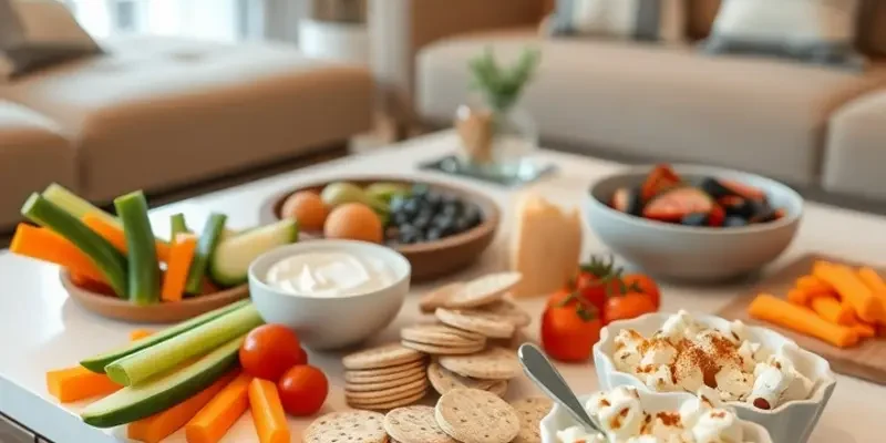 A warm and inviting kitchen showcasing a variety of easy snacks like pretzels, fruits, and cheeses.
