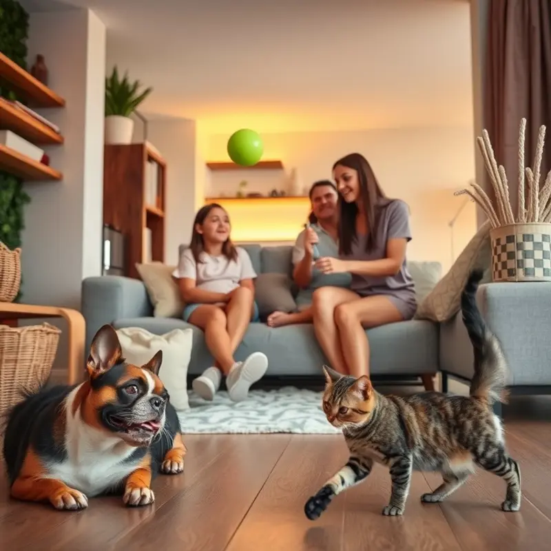 A warm and inviting apartment living space designed for both pets and children.
