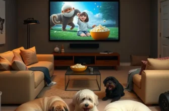 A family gathered on the couch with blankets and popcorn, watching a movie with their pet beside them.