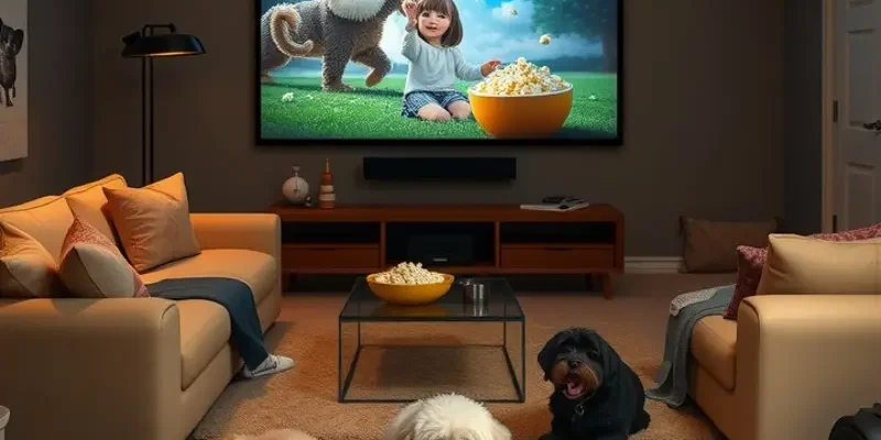 A family gathered on the couch with blankets and popcorn, watching a movie with their pet beside them.