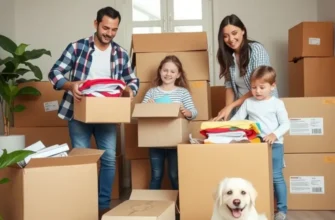A family enjoying their new home while unpacking boxes with smiles.