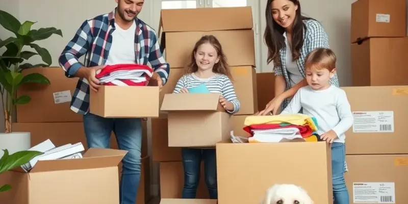 A family enjoying their new home while unpacking boxes with smiles.