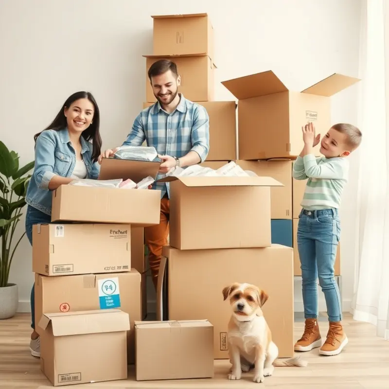 Families preparing to move, engaging in fun packing activities.