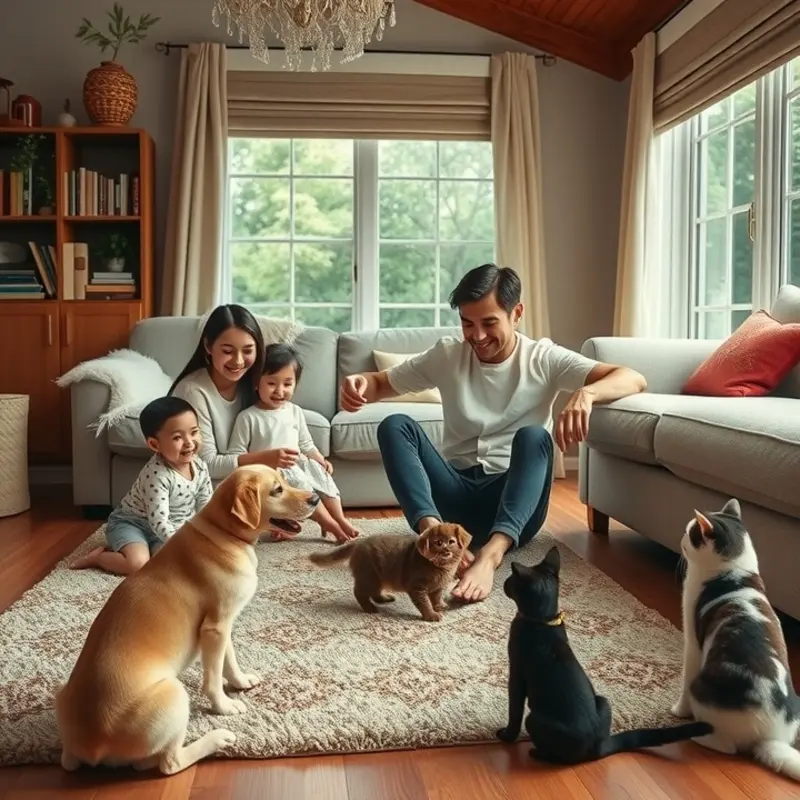A joyful family playing with their pets in a cozy apartment setting.
