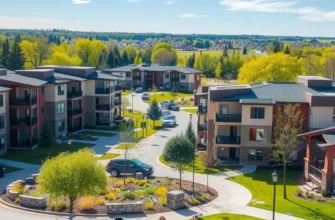 A panoramic view of diverse suburban apartments where residents interact peacefully, reflecting community spirit.