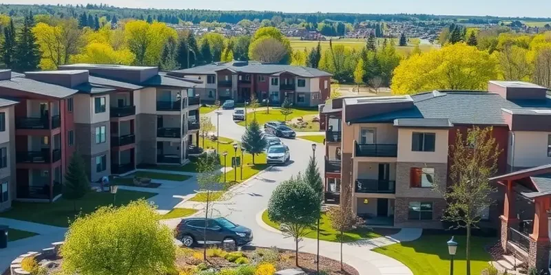 A panoramic view of diverse suburban apartments where residents interact peacefully, reflecting community spirit.