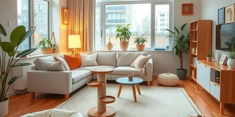 A family playing with their pets in a pet-friendly apartment, illustrating a loving and welcoming environment.