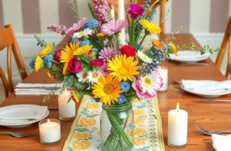 A cozy dining space showcasing creative DIY table settings with warm lighting.