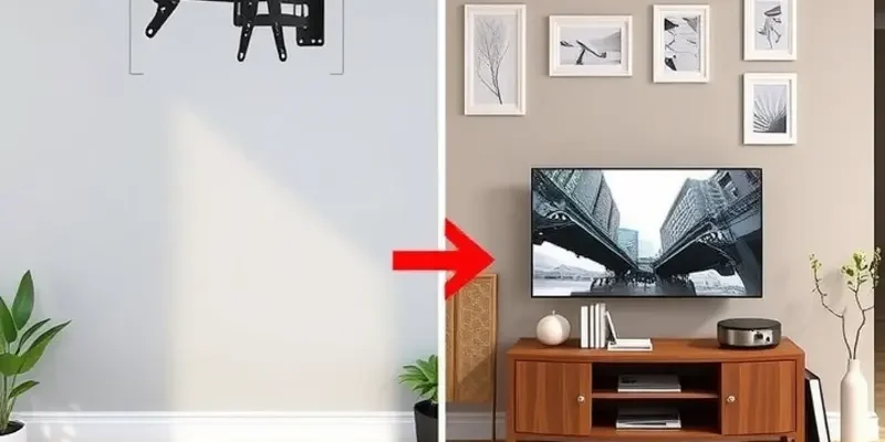 A cozy and inviting living room featuring a well-mounted TV surrounded by decor and plants.