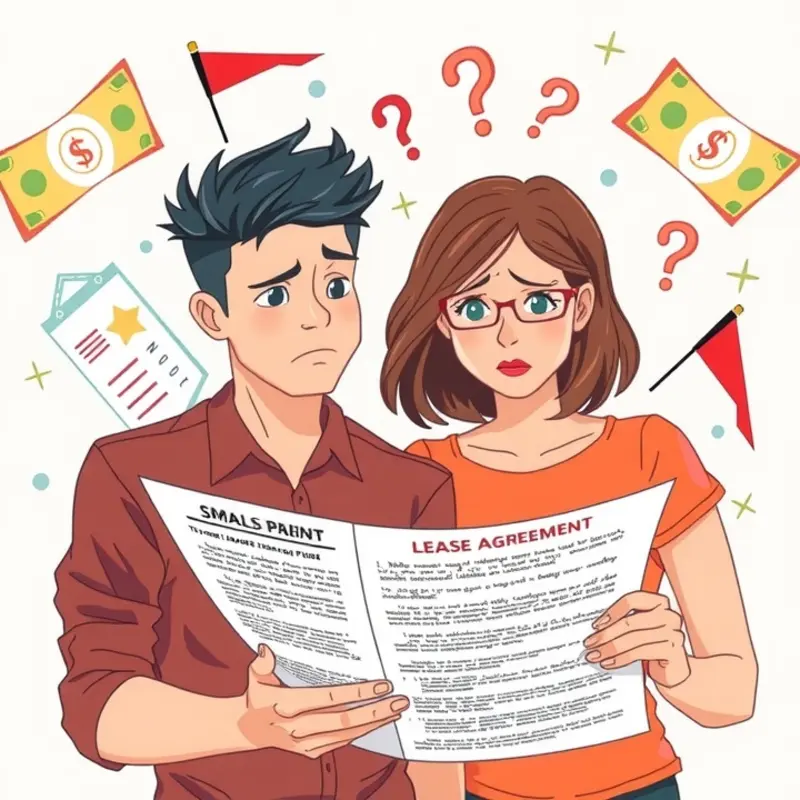 Young couple examines a detailed lease agreement filled with potential pitfalls.
