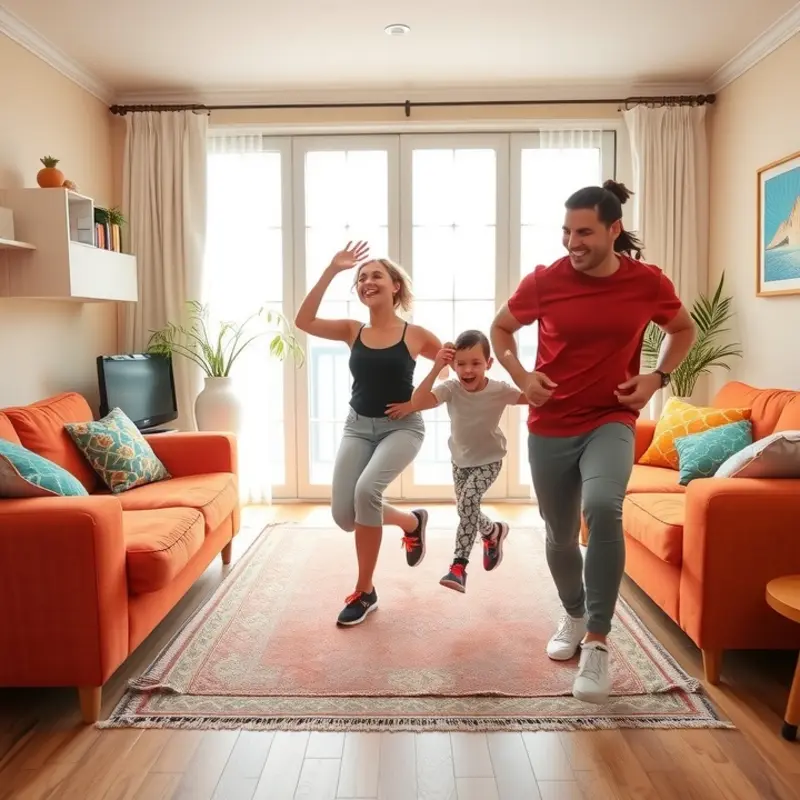 A lively family enjoying a fun cardio workout in their apartment living room.