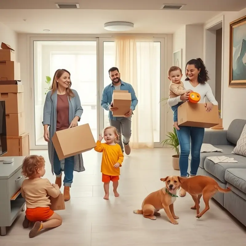 Families preparing to move, engaging in fun packing activities.