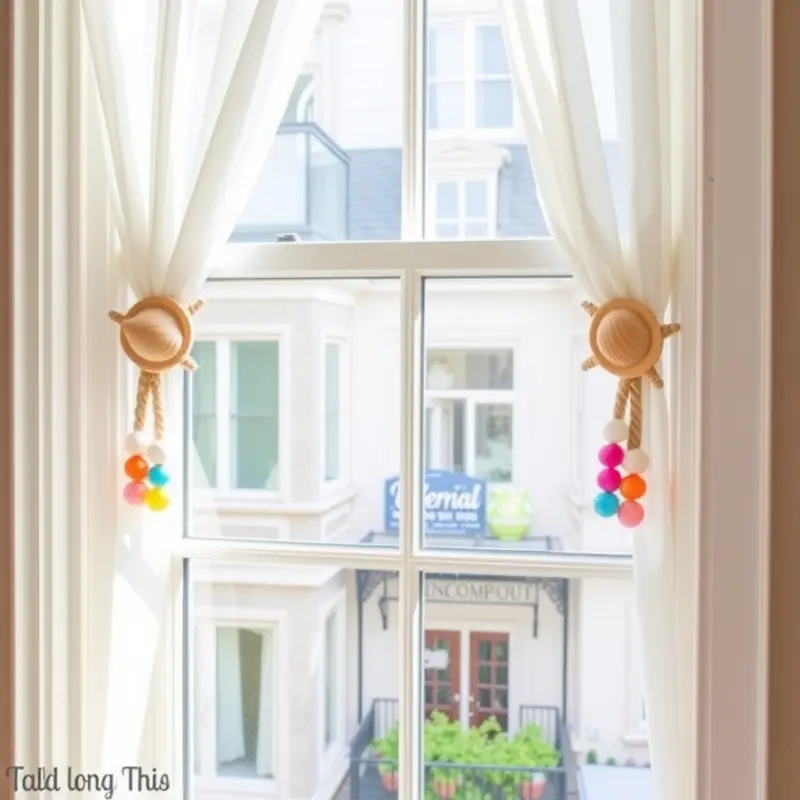 Nautical-inspired rope tiebacks with seashells, adding a playful touch to the window.