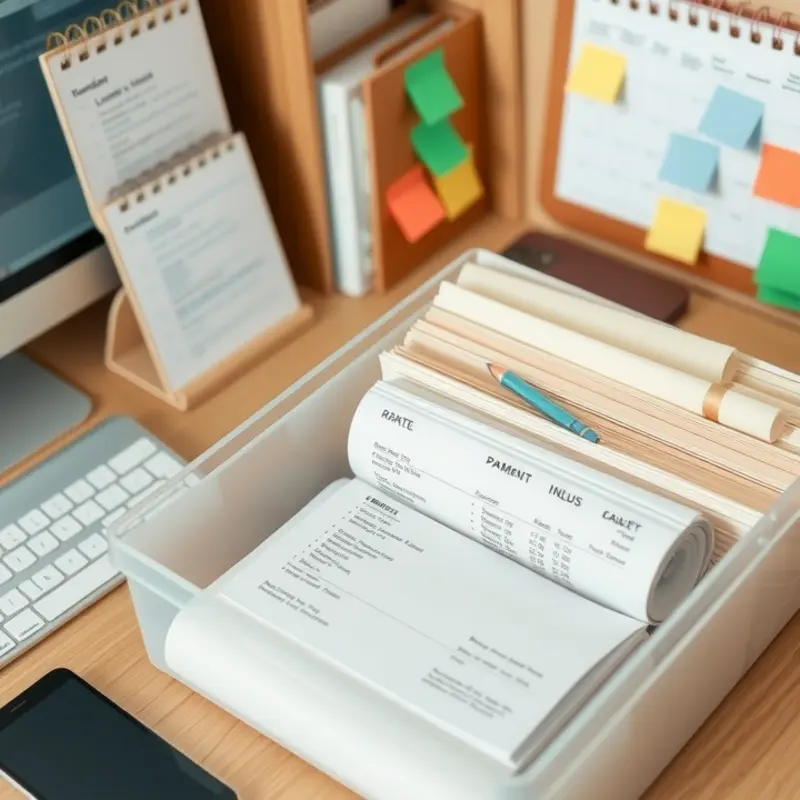 A cozy workspace featuring a rental payment receipt.