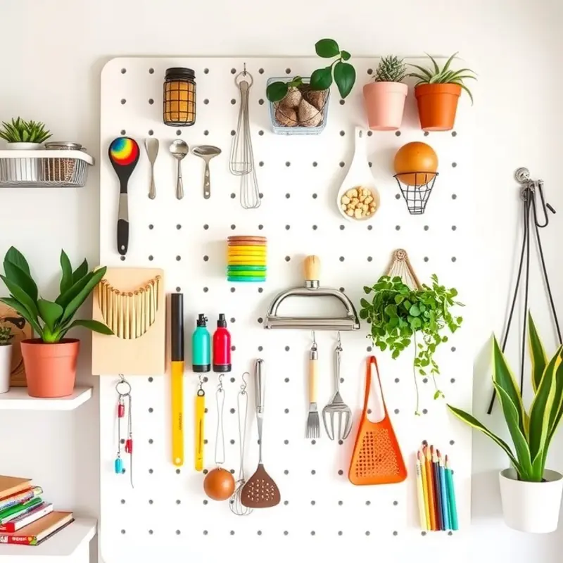 A vibrant pegboard organizer filled with items, showcasing creativity and organization.