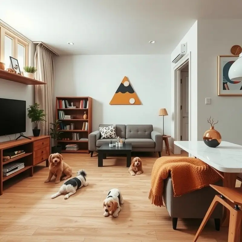 A joyful family playing with their pets in a cozy apartment setting.