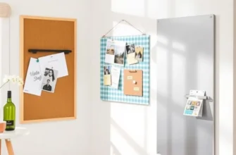 A stylish memo board with photos and notes displayed in a cozy rental apartment